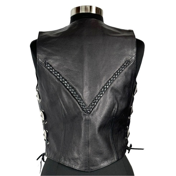 VINTAGE BLACK LEATHER VINTAGE CONCHO LACE UP SIDE BRAID WESTERN SNAP VEST HUDSON - Picture 6 of 14